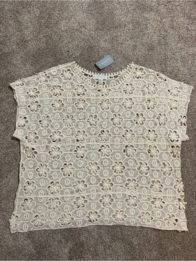 Forever 21 Sheer Cream Floral Lace Mesh Open Crochet Boxy Top 3XL Cottagecore